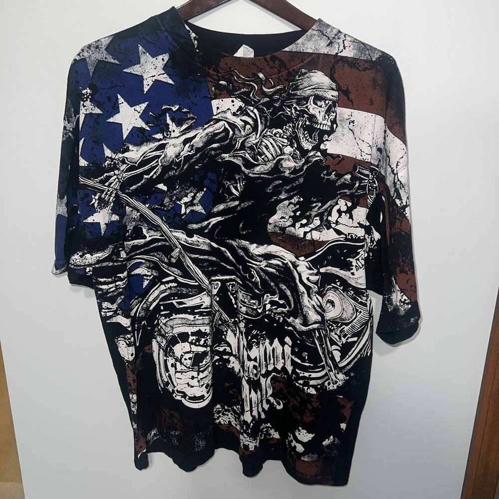 Vintage Grim Reaper Biker T Shirt Miami Ink Black XL Skull Motorcycle USA Flag